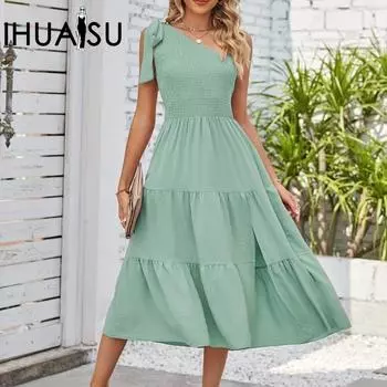 IHUASU Летнее женское плиссированное многослойное платье с разрезом на одно плечо S армия зеленый