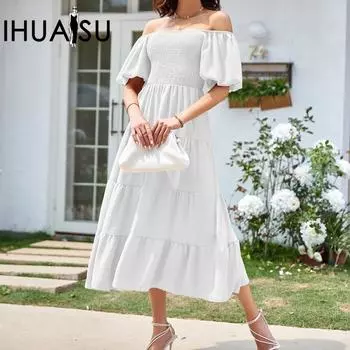 IHUASU летнее женское плиссированное платье с короткими рукавами и квадратным вырезом, открытой спиной, пышными рукавами S белый