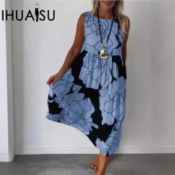 IHUASU летнее женское повседневное длинное платье без рукавов с принтом специй S