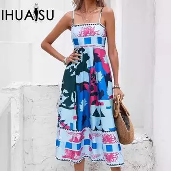 IHUASU летнее женское сексуальное платье без рукавов с принтом и принтом S синий