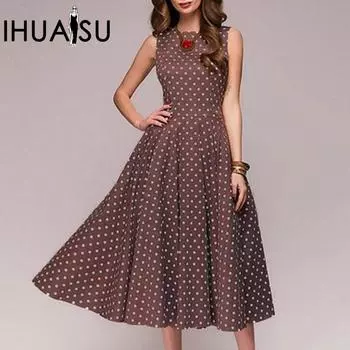 IHUASU летнее женское винтажное платье в полный рост без рукавов в горошек S красный