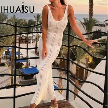 IHUASU Летние платья женские сексуальные ажурные платья с открытой спиной трикотажные платья женские модели S белый
