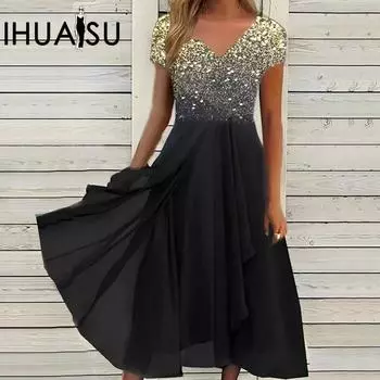 IHUASU Летние женские платья Повседневная мода Шифоновые сращивающиеся женские платья S чёрный/фиолетовый