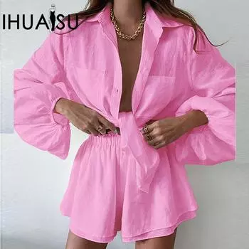 IHUASU Летние женские повседневные модные однотонные шорты с рюшами, комплект рубашек S белый