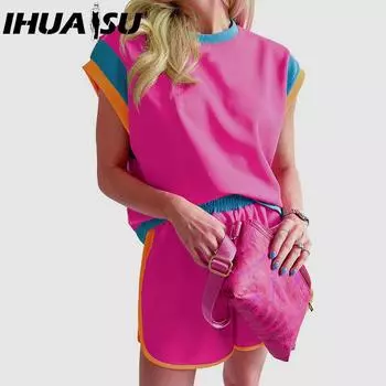 IHUASU Летний комплект из двух предметов, женский трендовый универсальный свободный повседневный костюм с круглым вырезом для женщин S чёрный