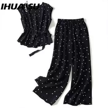 IHUASU Летний модный комплект из двух предметов из шифона, утягивающий талию, утягивающий, топ в горошек и широкие брюки M