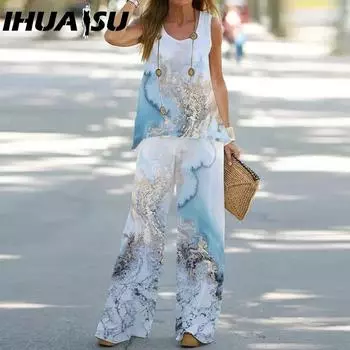 IHUASU Летний повседневный женский комплект из двух предметов: топ без рукавов с принтом и свободные брюки с высокой талией S