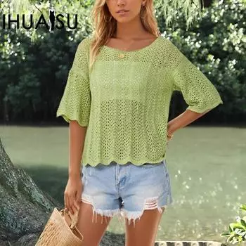 IHUASU Летний повседневный женский свитер больших размеров с круглым вырезом S чёрный