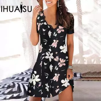 IHUASU Летний стиль, женский пуловер с принтом, платье трапециевидной формы с короткими рукавами и v-образным вырезом S