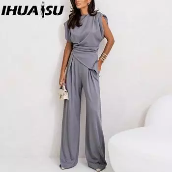 IHUASU Летний топ брюки мода однотонный цвет нерегулярный костюм женщины S темно-серого