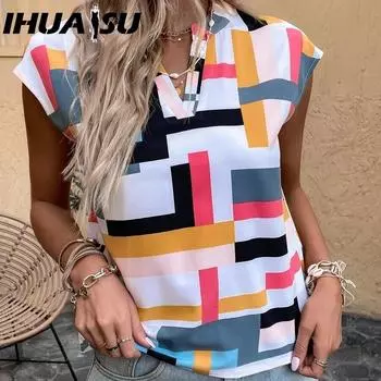 IHUASU Летний топ-пуловер с геометрическим принтом, рукавами «летучая мышь», V-образным вырезом и вырезом горловины S