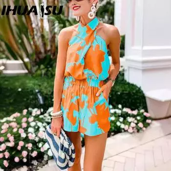 IHUASU Летний женский костюм-двойка с принтом на бретельках и карманами S
