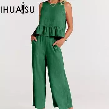 IHUASU летний женский плиссированный жилет без рукавов, широкие брюки с девятью точками, повседневный костюм S чёрный