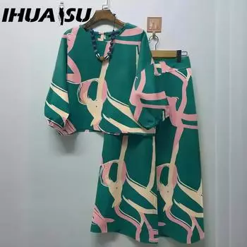 IHUASU Летний женский повседневный комплект одежды: Верх в стиле бохо, брюки свободного покроя, комплект из 2 предметов S чёрный