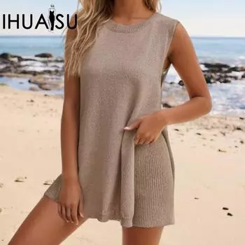 IHUASU Летний женский свободный повседневный жилет с круглым вырезом, шорты, вязаный женский костюм S коричневый
