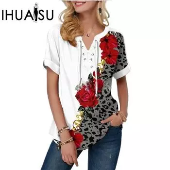 IHUASU Летний женский свободный топ с принтом и галстуком S чёрный