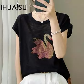 IHUASU Летний женский трикотаж из хлопка, бамбука, пеньки, топы с короткими рукавами, женская футболка, женский лебедь с круглым вырезом и стразами M фиолетовый