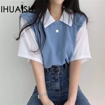 IHUASU летняя футболка-поло с лацканами, искусственная футболка в студенческом стиле, цветная контрастная футболка с короткими рукавами, женский свободный повседневный топ S синий