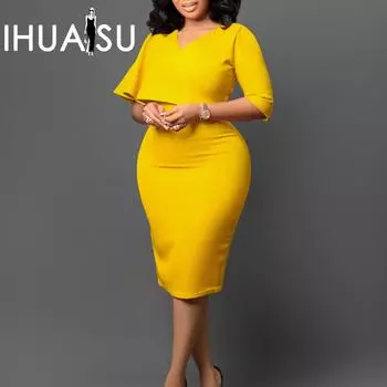 IHUASU, летняя и весенняя женская темпераментная однотонная сумка, профессиональная юбка-карандаш с рукавами 1/2, платье с v-образным вырезом S розовый