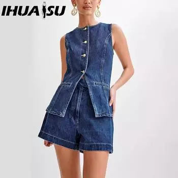 IHUASU Летняя мода повседневный без рукавов с высокой талией женский костюм джинсовые шорты S чёрный