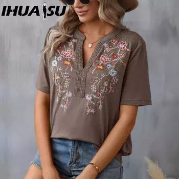 IHUASU Летняя мода вышивка миллион стежков кружевной топ женская футболка S армия зеленый