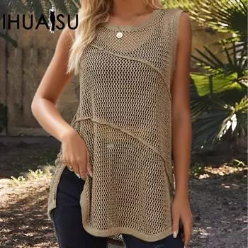 IHUASU летняя мода женский трикотаж с круглым вырезом и бретелькой на шее S хаки