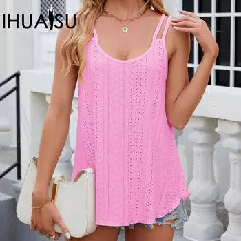 IHUASU Летняя однотонная майка с круглым вырезом и плечевым ремнем для женщин S чёрный