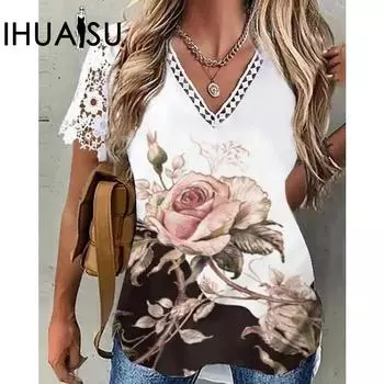 IHUASU летняя повседневная женская футболка с v-образным вырезом и кружевными рукавами, кружевным лоскутным принтом S