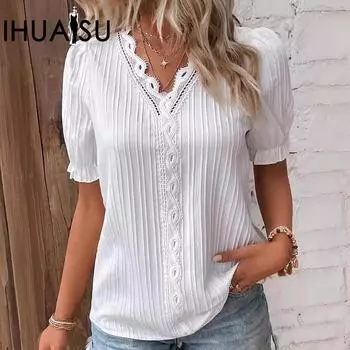 IHUASU Летняя праздничная модная женская рубашка с короткими рукавами и вырезами S белый