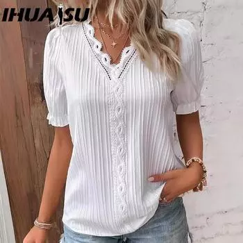 IHUASU Летняя праздничная модная женская рубашка с короткими рукавами и вырезами S белый