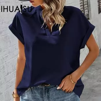 IHUASU Летняя простая модная льняная блузка с v-образным вырезом и короткими рукавами для женщин S