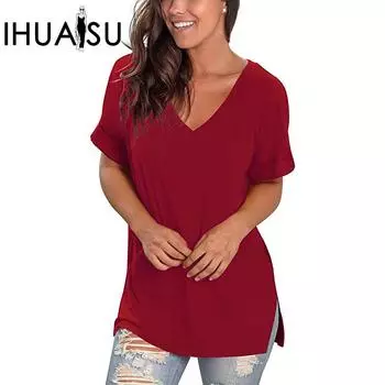 IHUASU летняя свободная футболка с v-образным вырезом, однотонная, с боковым разрезом и короткими рукавами для женщин S
