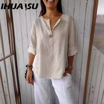 IHUASU Летняя свободная футболка женская с V-образным вырезом из хлопка и льна на пуговицах S белый