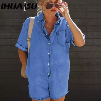 IHUASU Летняя уличная модница: рубашка с короткими рукавами, шорты и джинсовый комбинезон S чёрный