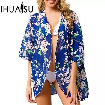 IHUASU летняя женская накидка с принтом, пляжная накидка, защитная рубашка от солнца M белый