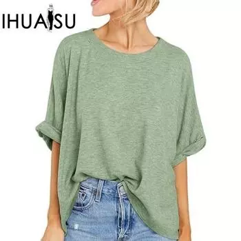 IHUASU летняя женская повседневная свободная футболка больших размеров с короткими рукавами, женский топ S чёрный