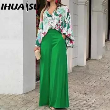 IHUASU Летняя женская рубашка с принтом, свободная и дышащая, стильные брюки, модный и повседневный комплект S синий