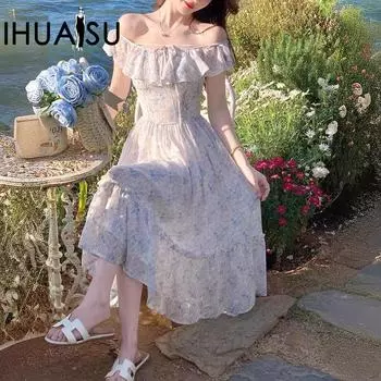 IHUASU Лето-Весна Романтический отпуск Длинное платье с цветочным принтом Милое женское платье S