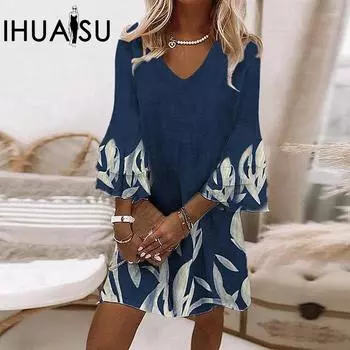 IHUASU Лето Весна Свежий принт с v-образным вырезом и рукавами 3/4 мини-свободное платье S розовый