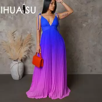 IHUASU Лето-весна без рукавов с v-образным вырезом Холтер Сексуальная шнуровка с градиентом длинная юбка свободное платье S синий