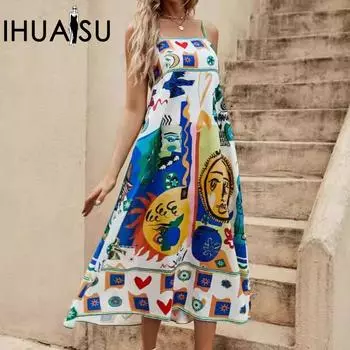 IHUASU Лето-весна на одно плечо сексуальное женское свободное платье без рукавов с принтом граффити и бретельками S жёлтый