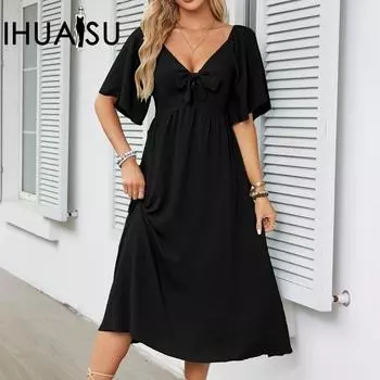 IHUASU Лето-весна однотонное принт с бантом и v-образным вырезом плиссированное платье средней длины с короткими рукавами и высокой талией S белый