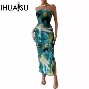 IHUASU Лето-весна однотонное женское платье без рукавов с высокой талией и принтом с верхним вырезом S синий