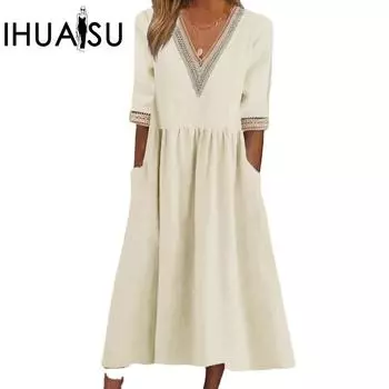 IHUASU/лето-весна, однотонное женское платье с v-образным вырезом и принтом, большие размеры, свободное хлопково-льняное платье средней длины с кружевным воротником, рукавами с пятью точками