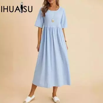 IHUASU Лето-весна однотонное женское платье с принтом размера плюс свободное хлопковое льняное свободное платье средней длины с круглым вырезом и рукавами с пятью точками S белый