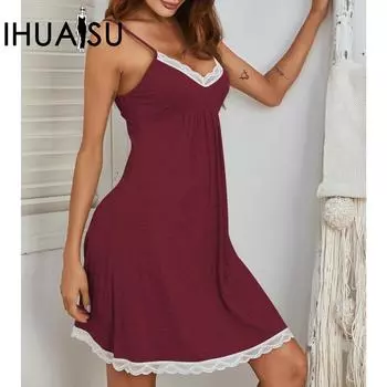 IHUASU/лето-весна, однотонное женское платье без рукавов с v-образным вырезом, кружевная лоскутная пижама из вискозы, модальная ночная рубашка с лямкой на шее S чёрный