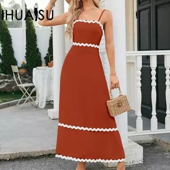 IHUASU Лето-весна однотонное женское платье средней длины без рукавов с кулиской и кружевом с высокой талией S чёрный