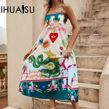 IHUASU Лето-весна Повседневная длинная юбка женское свободное платье без рукавов с бретелькой на шее и принтом S
