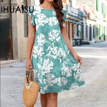 IHUASU Лето-весна с круглым вырезом вязаное повседневное свободное платье с короткими рукавами и принтом торта S