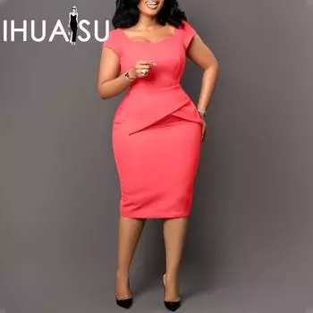 IHUASU Лето-весна женское однотонное платье с короткими рукавами и высокой талией S розовый